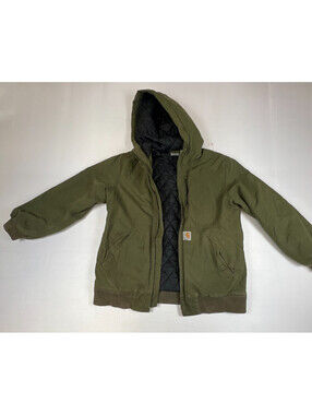 Carhartt Boys L 14-16 Hooded Jacket Green Quilted Lined Full Zip Outerwear